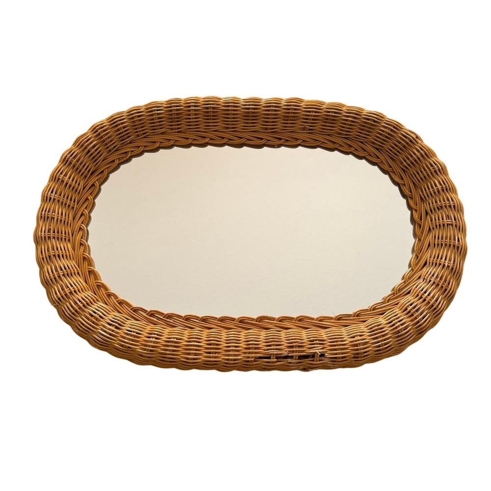 Yellow Wicker Oval Hanging Wall Mirror 12x18 Cottage Core Farmhouse Country READ